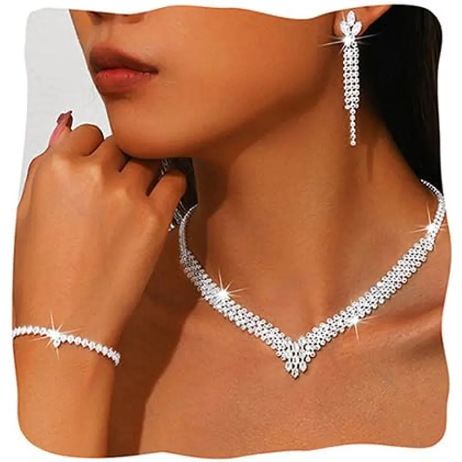 Sixexey Rhinestone Wedding Jewelry Set Bridal Necklace Earrings Party Prom Costume Jewelry Accessories for Women