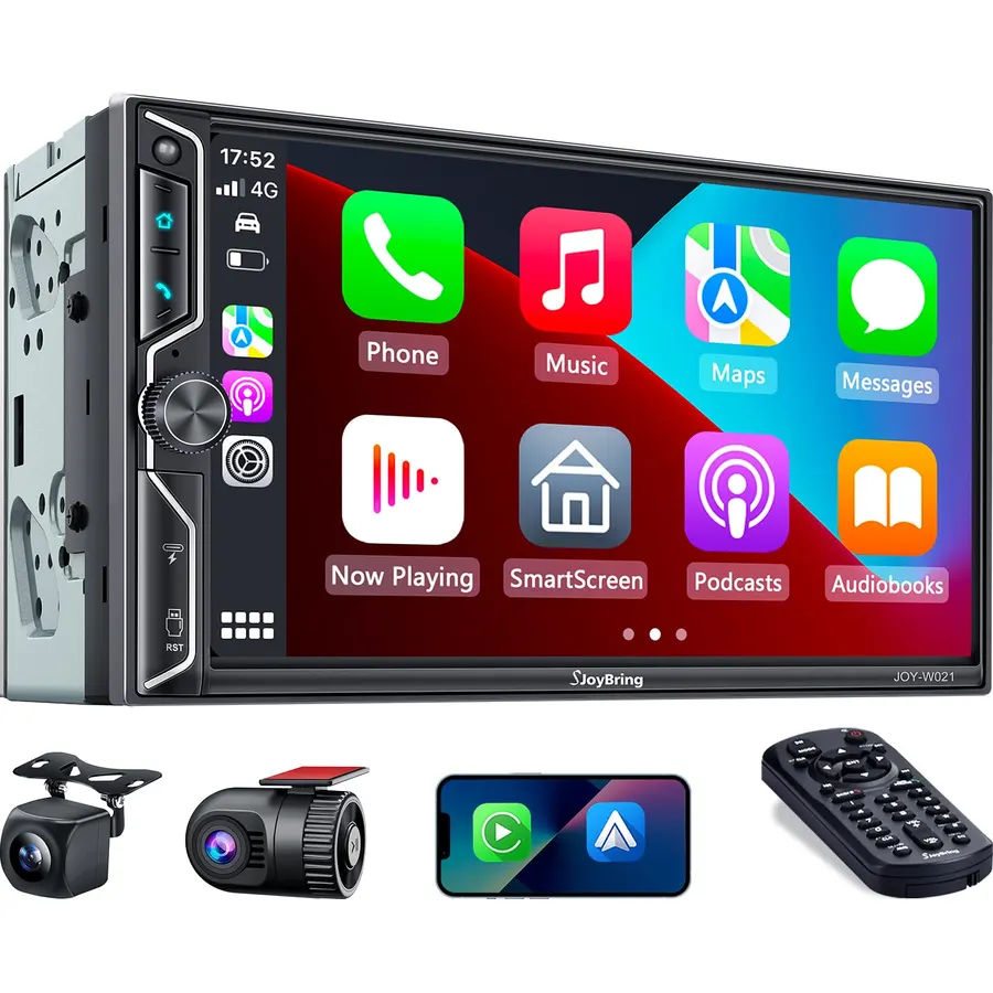SJoyBring 7" QLED Double Din Car Stereo Compatible with Wireless Apple CarPlay & Android Auto, 240W 4.2CH Dual Subwoofer Out, Dash Cam & Backup Camera Included, Bluetooth, Mirrorlink, FM/AM Car Radio