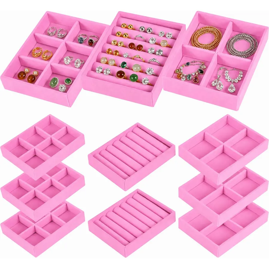 Small 8-Piece Velvet Jewelry Drawer Organizer Inserts Stackable Trays, Pink