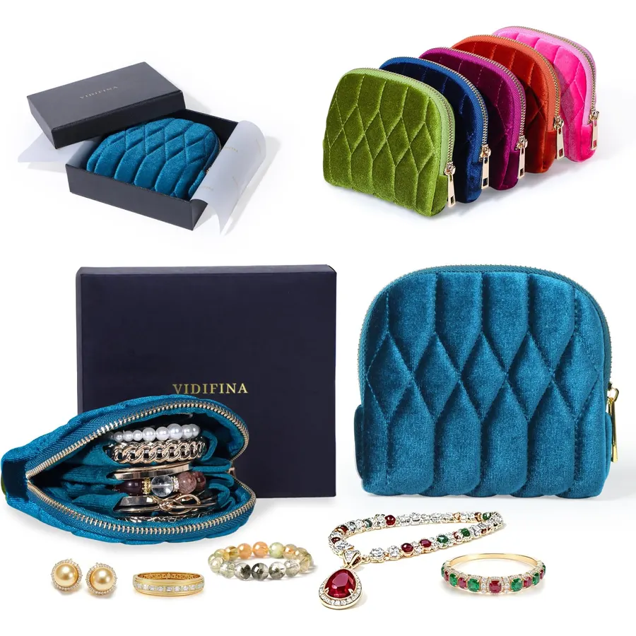 Small Travel Jewelry Case, Velvet Pouch with Zipper, Teal Blue