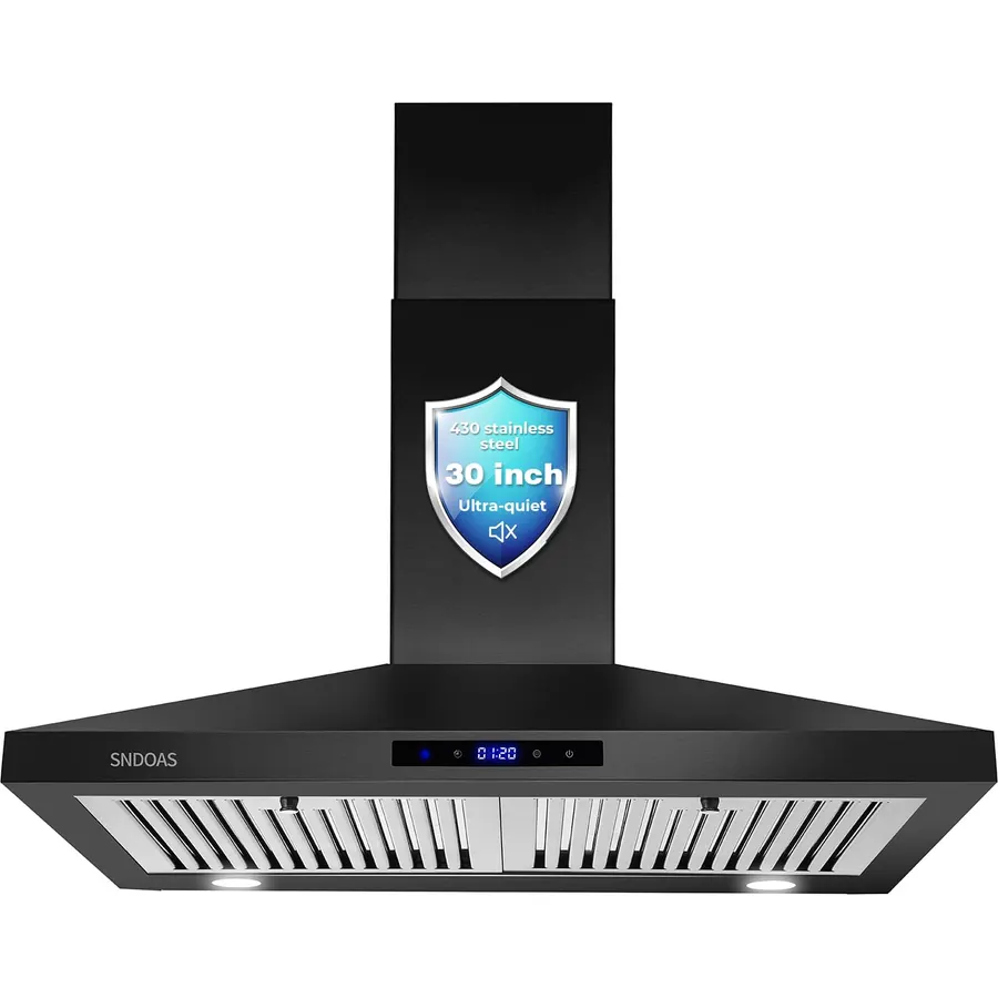 SNDOAS Black Range Hood 30 Inch,Stainless Steel Wall Mounted Kitchen Hood with Touch Controls, Ducted/Ductless Convertible,Chimney-Style Stove Hood Vent for Kitchen,Baffle Filters,Black Painted Finish