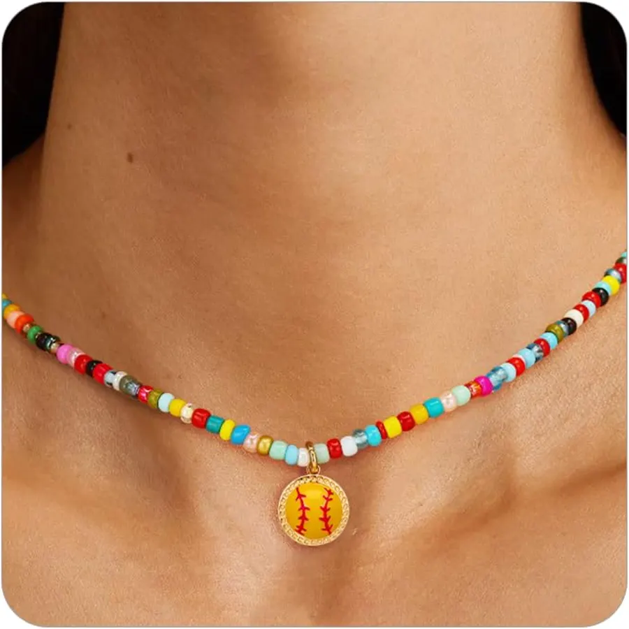 Softball/Soccer/Volleyball/Basketball/Football Colorful Beaded Necklace Gifts for Girls Women, Sport Accessories Pendant Jewelry 14+2 Inches