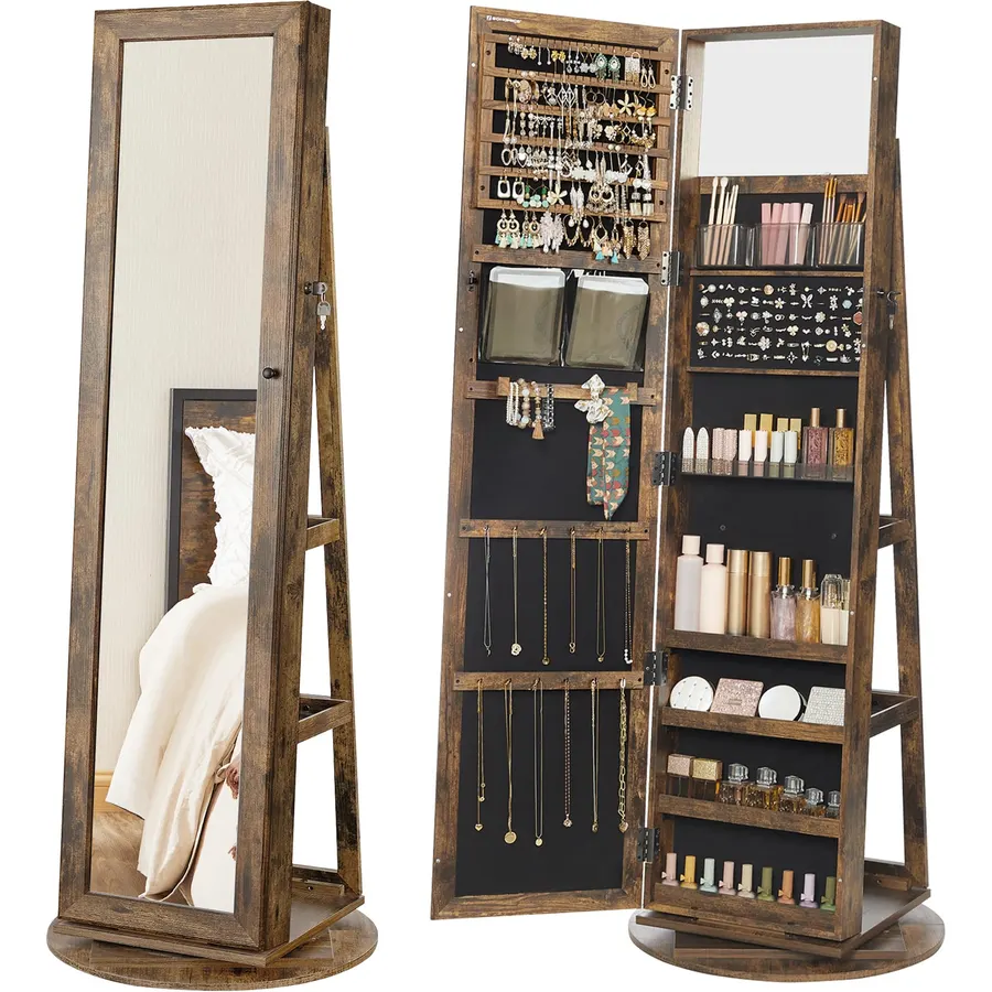 OLIXIS 360° Swivel Jewelry Cabinet with Light, Lockable Full Length Mirror