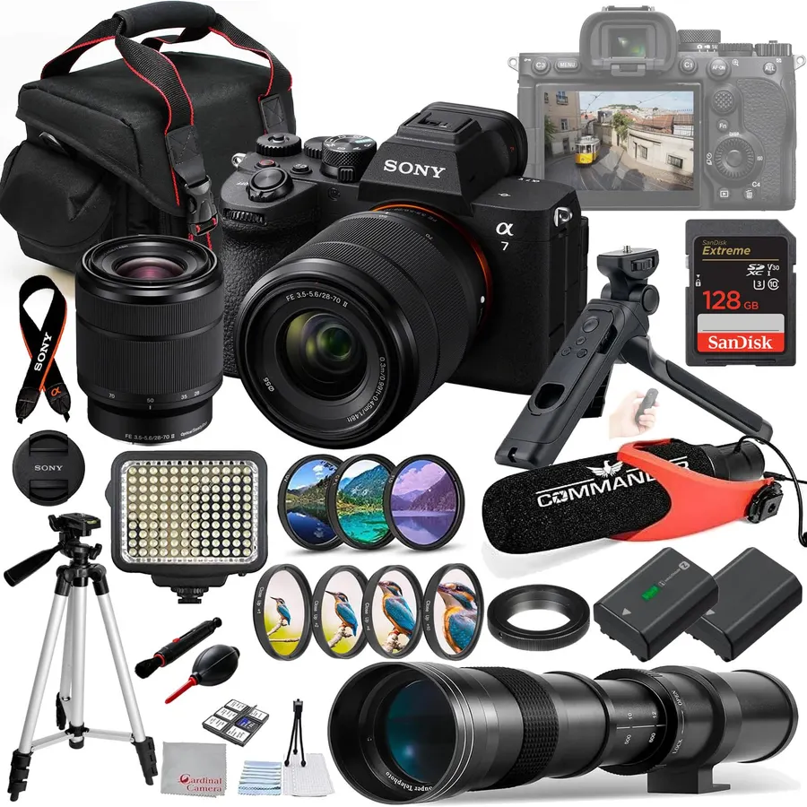 Sony a7 V Mirrorless Camera with 28-70mm Lens Bundle + 420-800mm Telephoto Zoom Lens + 128gb Extreme Accessory Package Including Wireless Remote Grip, LED Light, Microphone, Tripod and More (34 Items)