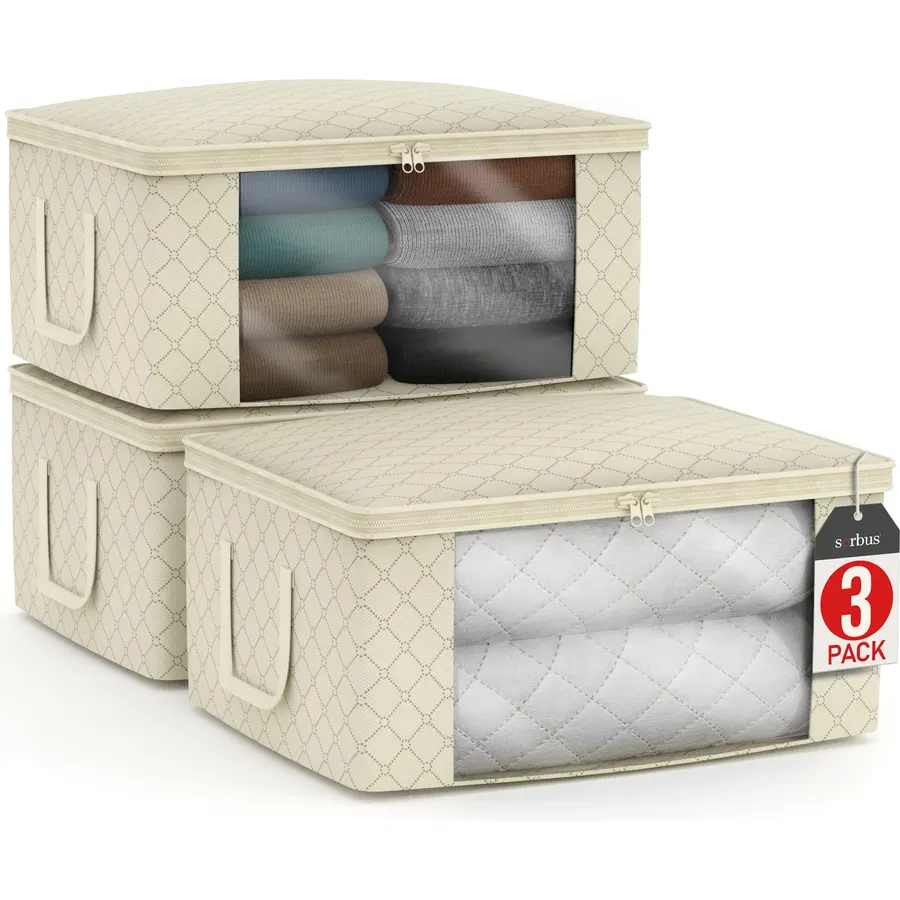 Sorbus Blanket Storage Bags with Clear Window (Beige, 3 Pack Large)