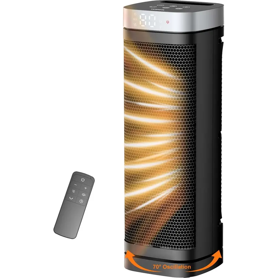 Small Portable Space Heater for Indoor Use - VOCRS 1500W PTC Electric Heater with Thermostat, Remote Control, 12H Timer, Eco and Fan Mode, Rapid and Safe Heating for Bedroom, Office