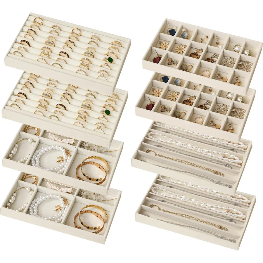 Lolalet Jewelry Drawer Organizer Inserts, Stackable Velvet Tray Jewelry Storage Organizers Set Display Cases for Necklaces Bracelets Earrings Rings Chains Bangles Watches, Beige, Set of 4