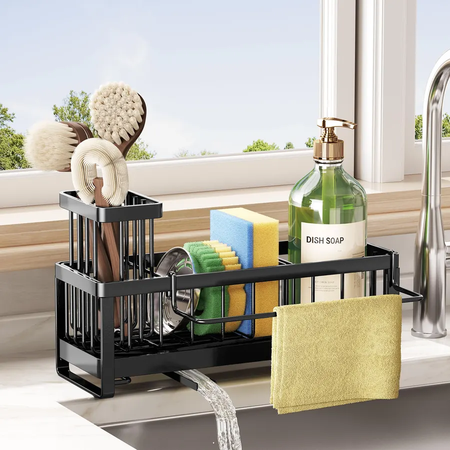 SWTYMIKI Sponge Holder for Kitchen Sink - Sink Caddy with Brush Holder Self-draining Sponge Caddy Organizer with Divider Stainless Steel Kitchen Accessories Storage for Countertop, Black
