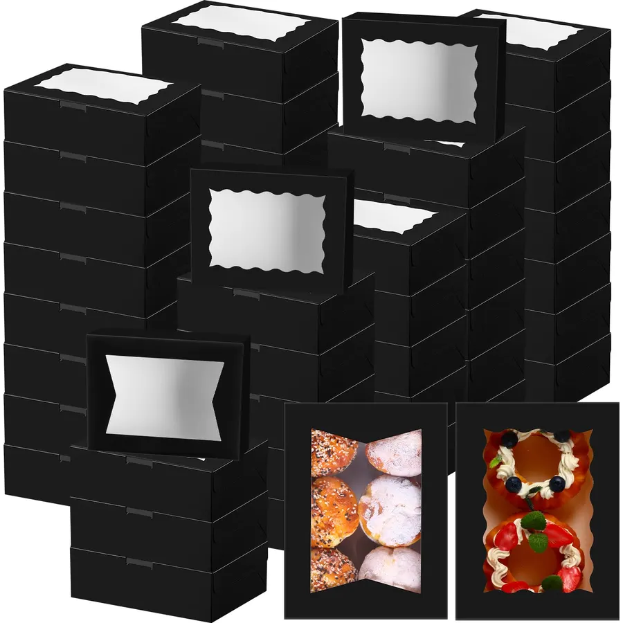 TaoBary 100 Pcs Cookie Bakery Boxes with Window 8x6x2.5,2 Style Bake, Black