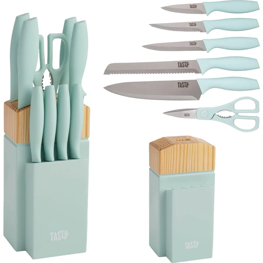 Tasty Kitchen Knife Set with Block, Cutlery Set includes Chef, Bread, Utility, Paring, Steak Knives & Shears, 10-Piece, Aqua
