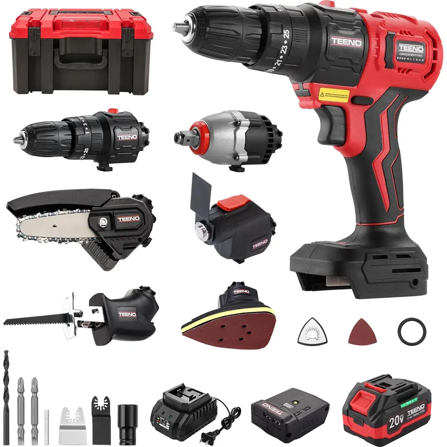 TEENO Brushless Power Tool Combo Kit, 6-in-1 Cordless Interchangeable Multi-Tool Set (Drill, Impact Wrench, Oscillating Tool, Reciprocating & Chain Saws, Sander), 3Ah Battery, USB Adapter & Hard Case