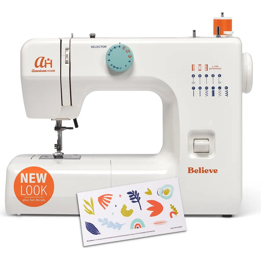 The Believe Beginner Sewing Machine by American Home Makes Sewing for Beginners Easy on Portable Small Sewing Machine with 12 Built-In Stitches, Automatic Stitch Control Plus Fun Decals, AH600