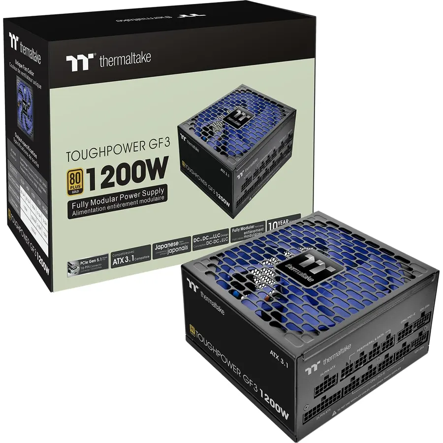 Thermaltake Toughpower GF3 1200W; ATX 3.1; x2 Native PCIe 5.1 12V-2x6; Flat Cables; Color Matched Connectors; Japanese Main Capacitors; 135mm Fan; 80 Plus Gold Certified; Black; PS-TPD-1200FNFAGU-4