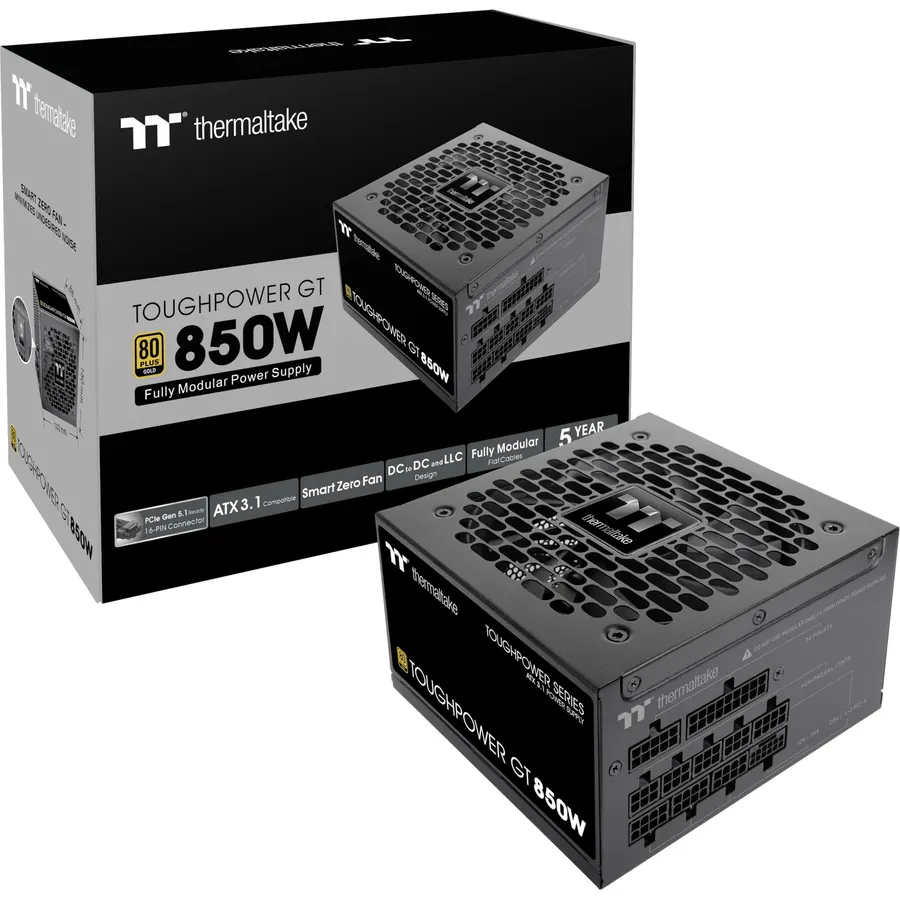 Thermaltake Toughpower GT 850W ATX 3.1 Standard Power Supply; 80 Plus Gold Efficiency; Smart Zero Fan; Native 450W PCIe 5.1 Connector; PS-TPT-0850FNFAGU-3; 5 Year Warranty