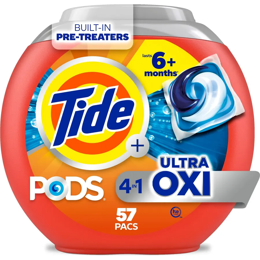Tide 4-n-1 Ultra Oxi PODS Laundry Detergent Pacs, 57 Count, HE Compatible, Built in Pre-treater for Stains