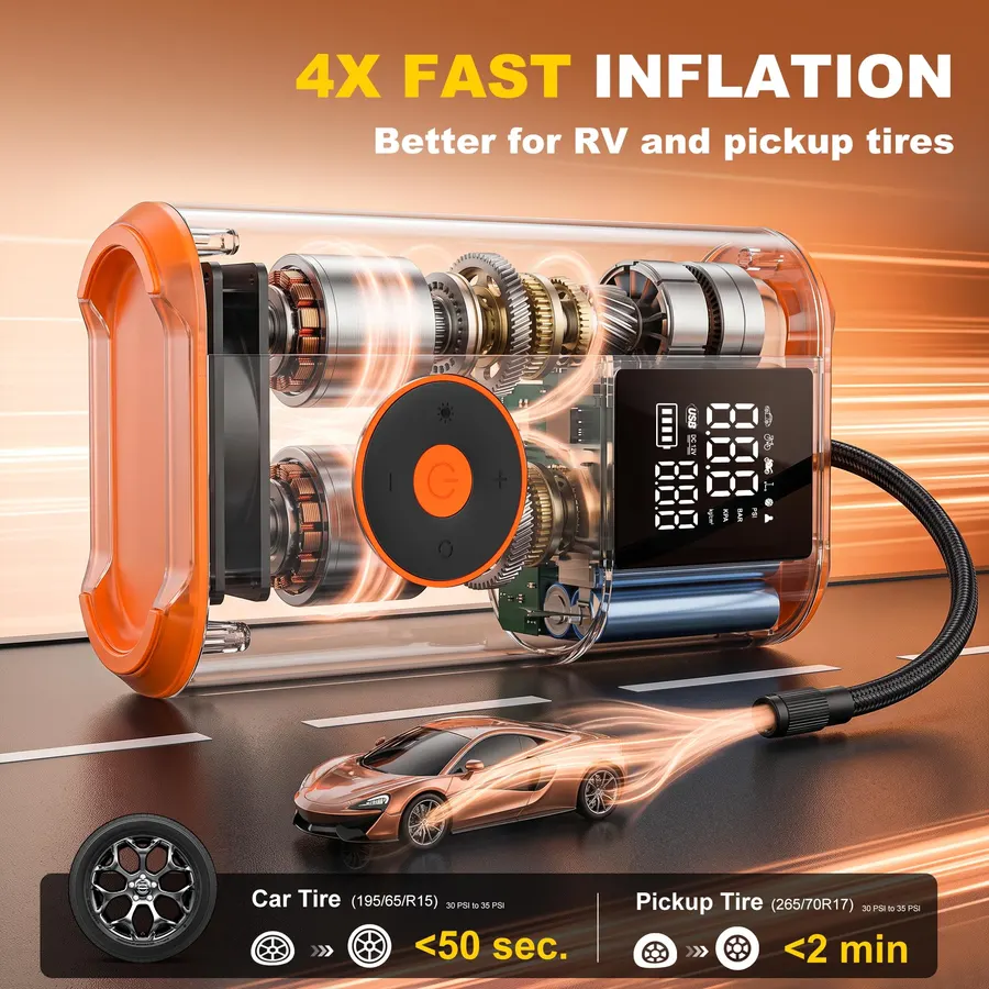 Tire Inflator Portable Air Compressor, 25 Cylinder 100W Fast Inflation 7800mAh Battery & 12V DC Dual Power Cordless Air Pump with Dual Digital Gauge for Car Tires, Pickup Trucks, Jeeps, SUVs & RVs