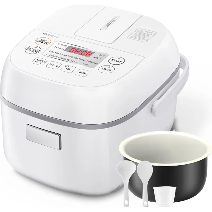 Toshiba Mini Rice Cooker, 3 Cups Uncooked, for 1-3 People, Steamer and Warmer, Fuzzy Logic, One-Touch Cooking, 24-Hour Delay Timer, Auto Keep Warm, White
