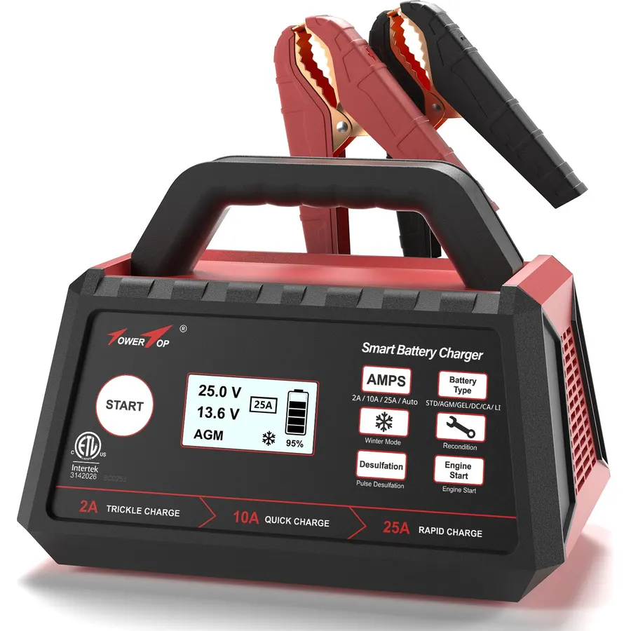 TowerTop 2/10/25 Amp 12V Smart Car Battery Charger, Fully Automatic Battery Maintainer with Engine Start, Auto Desulfator, Battery Repair, Winter Mode, for AGM, STD, Gel, Deep Cycle Batteries