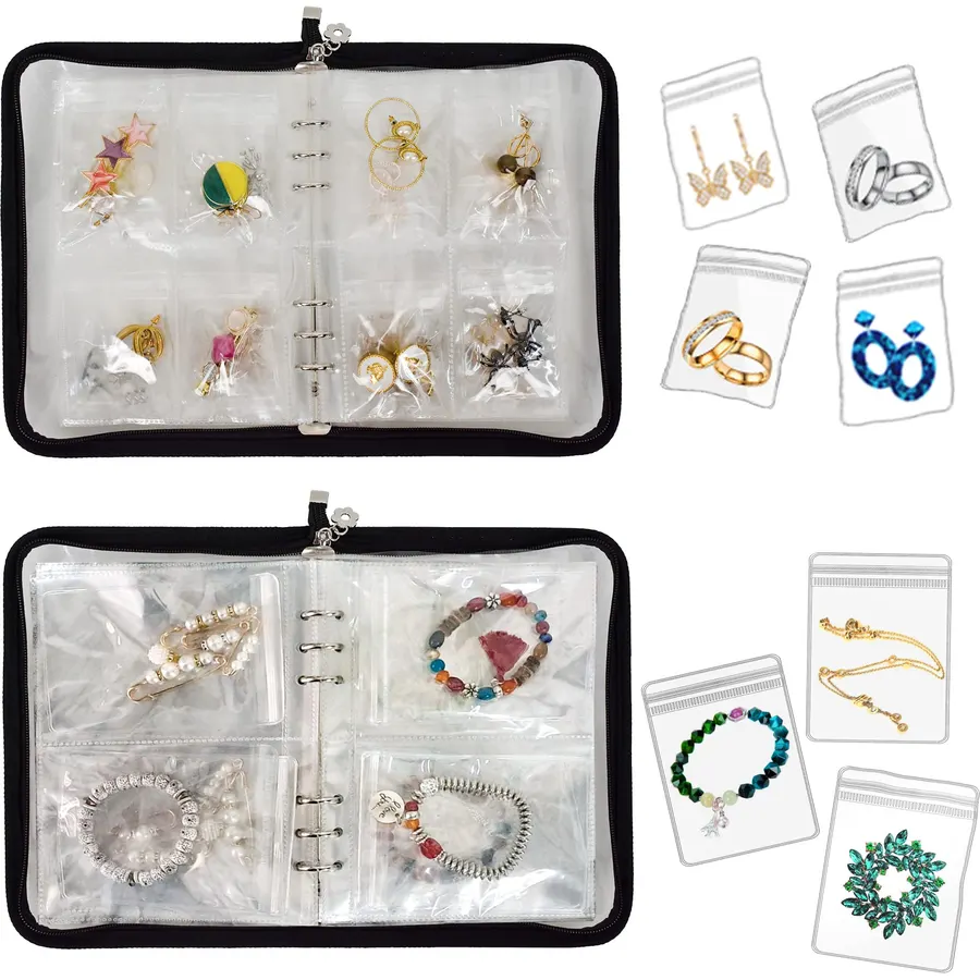Transparent Jewelry Storage Book Travel Jewelry Organizer Earring Organizer Case Bracelet Holder for Necklace Ring with Anti tarnish Pouches, Pack of 2