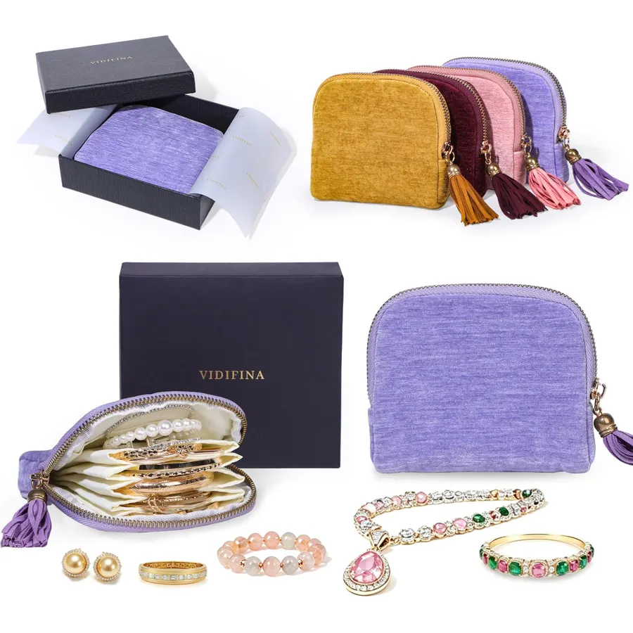 Travel Jewelry Case, Velvet Pouch Bags with Zipper, Light Purple