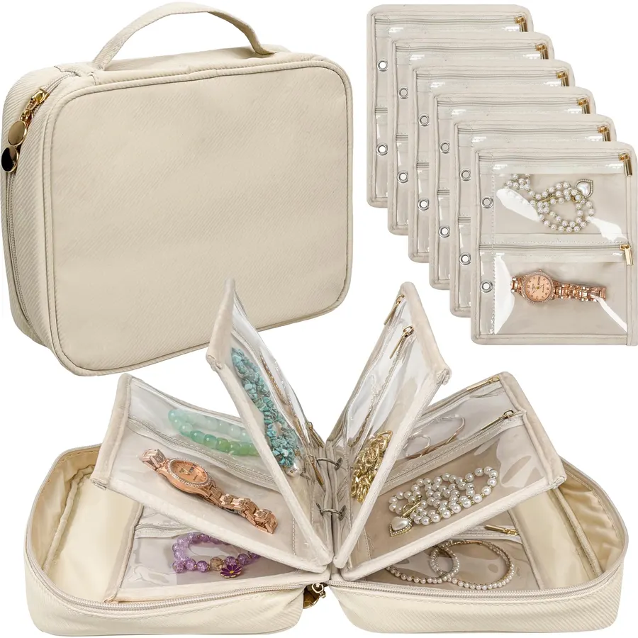 Travel Jewelry Organizer Case,Jewelry Bags for Traveling, Jewelry Binder with 24 Pcs Clear Zipper Velvet Pouches for Storing Earrings, Rings, Necklace, Bracelet, Watch (Beige)