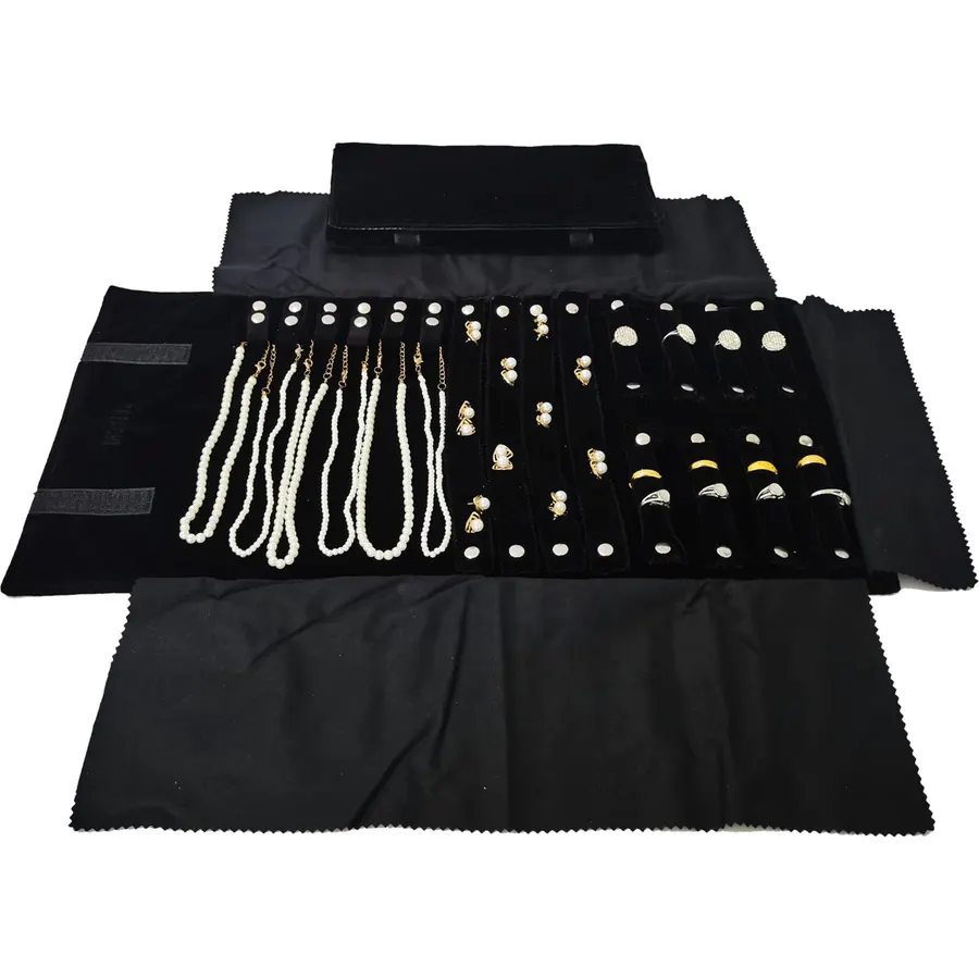 Travel Roll Bag Jewelry Display Storage Organizer Multi-function Velvet Pouch (Black)