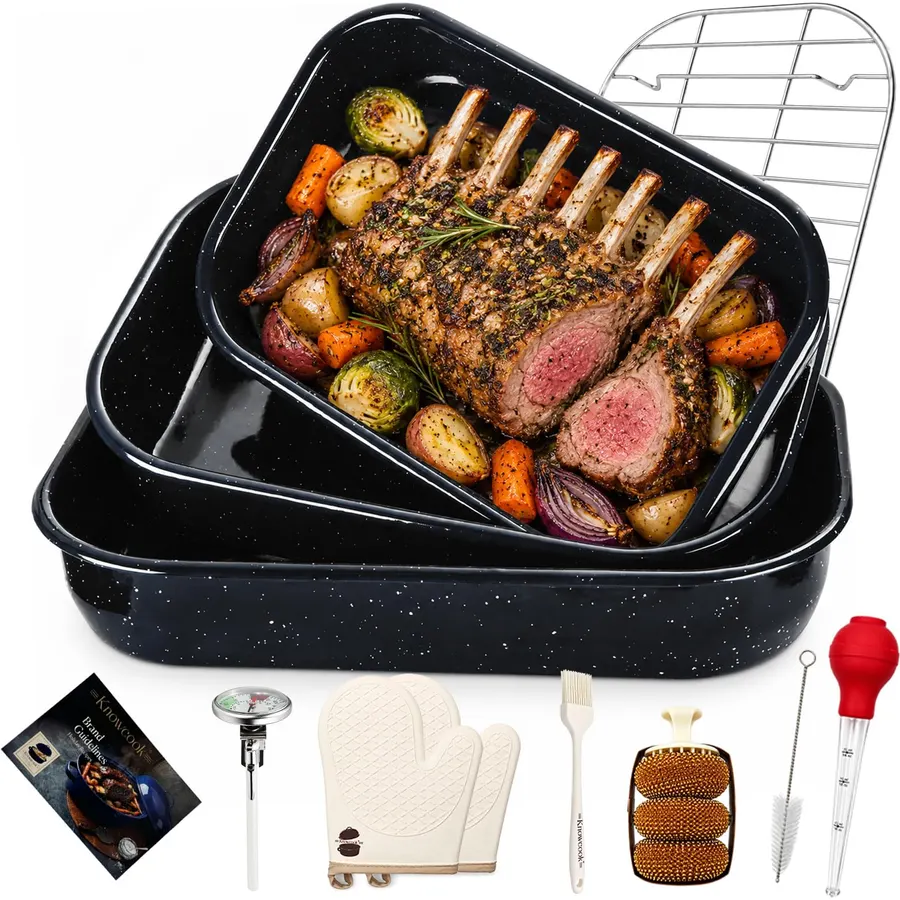 Turkey Roasting Pan with Rack for Oven,17" Enamel Baking Set Black