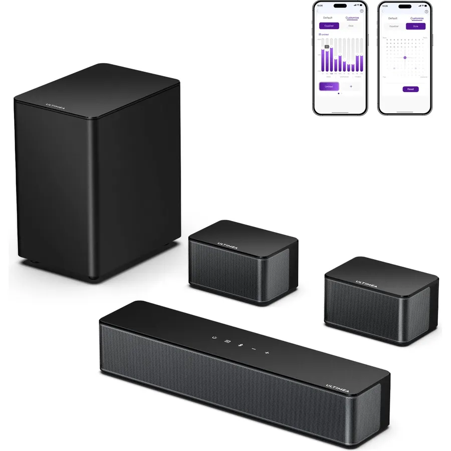 ULTIMEA 7.1ch Virtual Surround Sound Bar, Sound Bar for Smart TV with 4 Surround Speakers, Peak Power 330W, Surround Sound System for TV, App Control, TV Soundbar with Subwoofer, Opt/AUX/BT, Aura A40