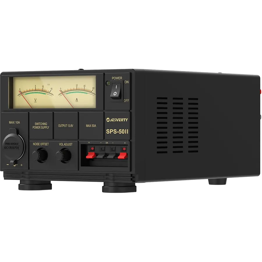 Universal Compact Bench Power Supply- 50 Amp Regulated Home Lab Benchtop AC-to-DC Converter 13.8 Volt/9-15Volt, Cooling Fan, Screw Type Terminals - Jesverty SPS-50II