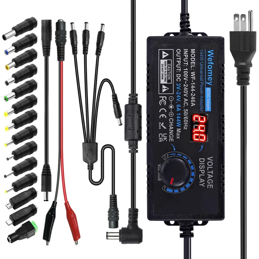 Universal Power Supply 3V~24V 6A 144W Adjustable Variable 3V 5V 9V 12V 18V 20V 24V AC/DC Adapter Charger, 100V-240V AC to DC Converter with 14 Tips, Polarity Converter and 4-Way Power Splitter Cable
