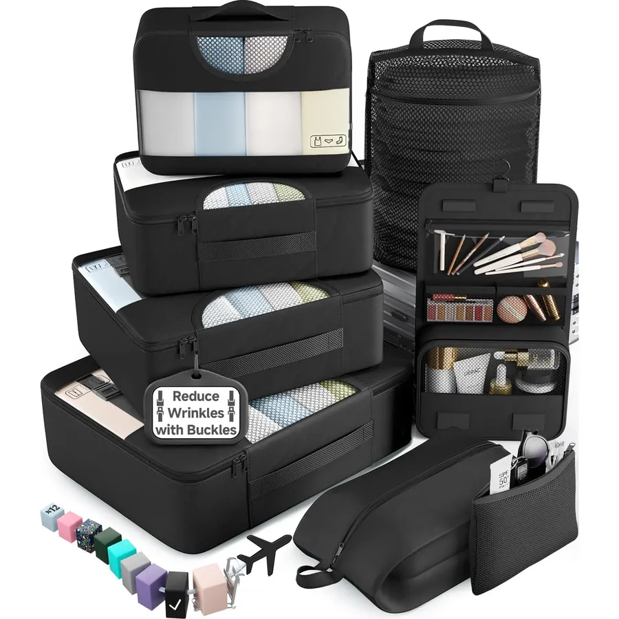Veken 10 Set/8 Set Packing Cubes for Travel Essentials,Anti-Wrinkle Buckled Suitcase Organizer for Shoe & Toiletry Bag,Carry On Luggage Bag for Airplane & College Dorm Room Accessories,Women Men Gifts