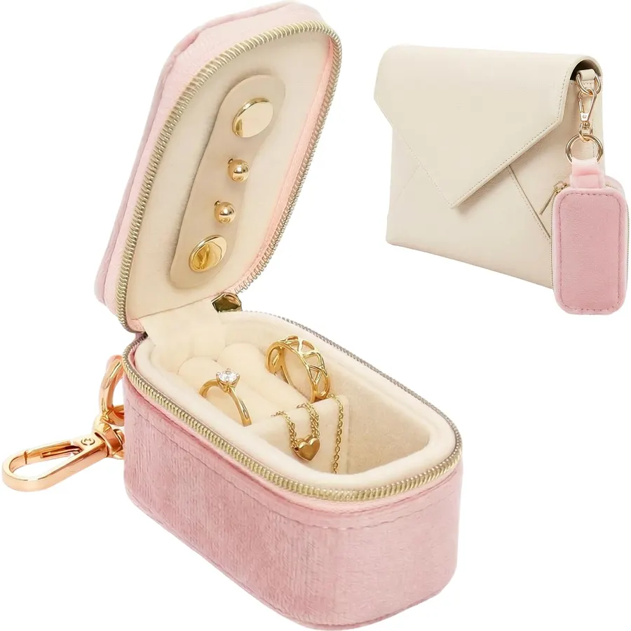 Velvet Mini Travel Jewelry Case Small 2-in-1 Ring Holder Box Keychain Portable Storage Clutch Organizer Gift for Women Earrings Necklace Wedding Party Outdoor
