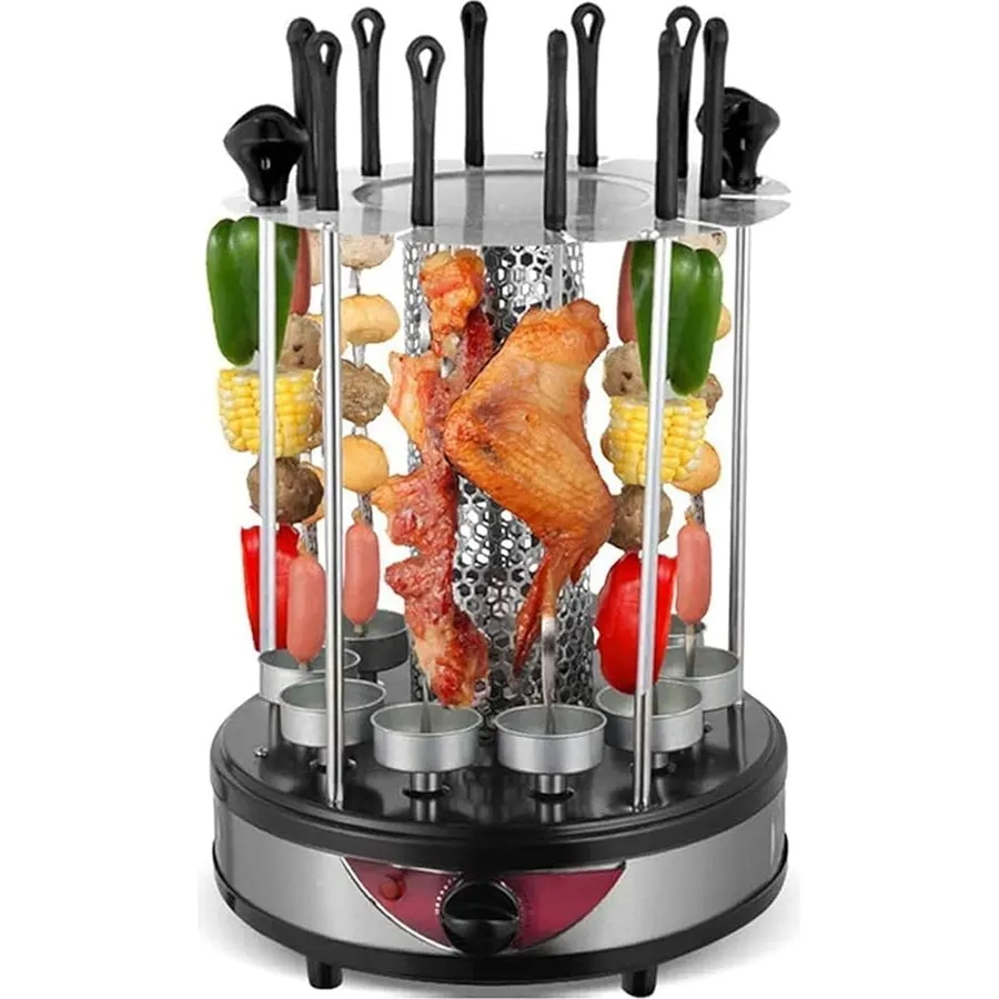 Vertical Rotating Barbecue Grill Electric Smoke-Free For Kebab, Skewers, Roast - Perfect For Home Parties - Automatic Rotisserie Included