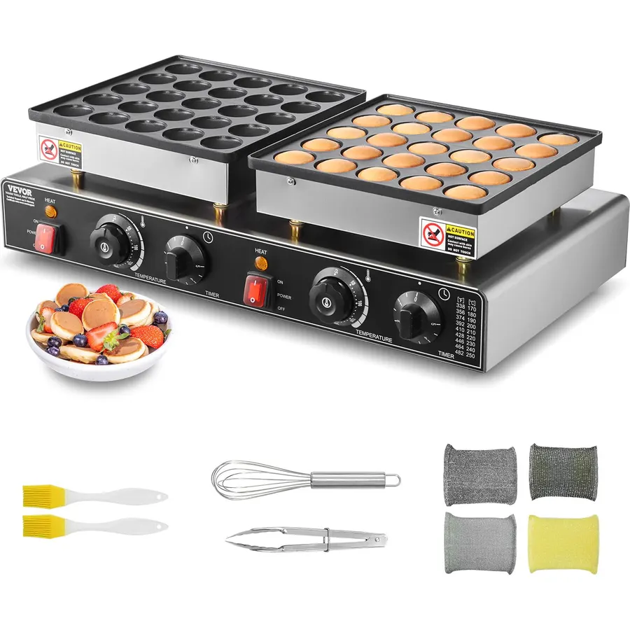 VEVOR 50PCS Mini Dutch Pancake Maker, Non-stick Stainless Steel Dorayaki Baker, 1800W Commercial Electric Poffertjes Grill Pan, Dual Temp & Time Control, for Kitchen Restaurant Breakfast Dessert