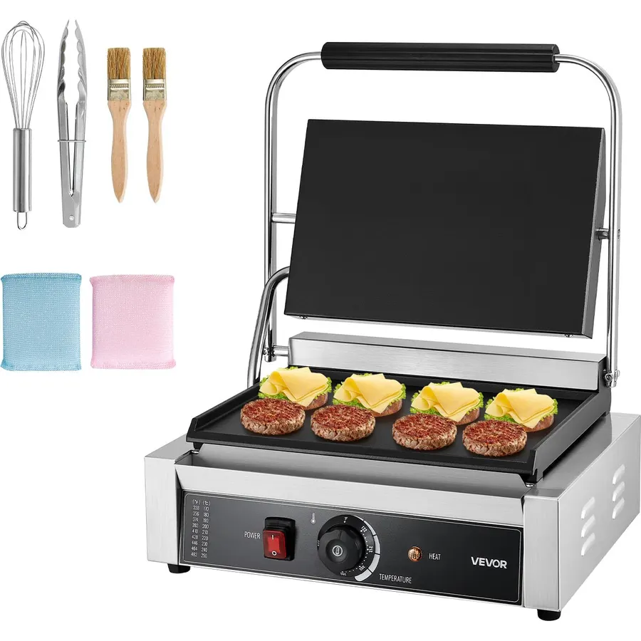 VEVOR Commercial Panini Grill, 1800W Electric Sandwich Panini Maker, Stainless Steel Sandwichs Press with Handle and Temp Control, 13.5x9.3 in Full Grooved Enamel Plate, for Hamburger Steak Bacon