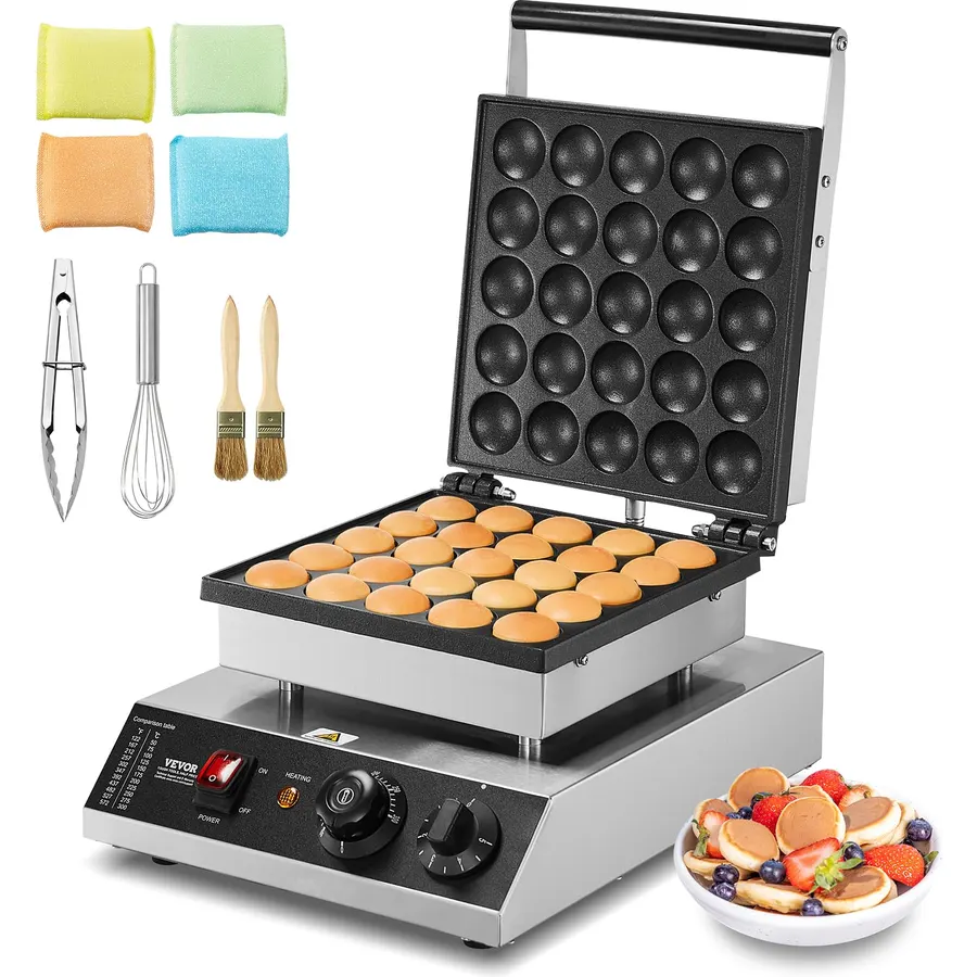 VEVOR Mini Dutch Pancake Maker, 25PCS 43mm Diameter Dorayaki Baker Machine, 1700W Commercial Electric Poffertjes Grill, Non-stick Stainless Steel, Temp & Time Control, for Home Kitchen Restaurant