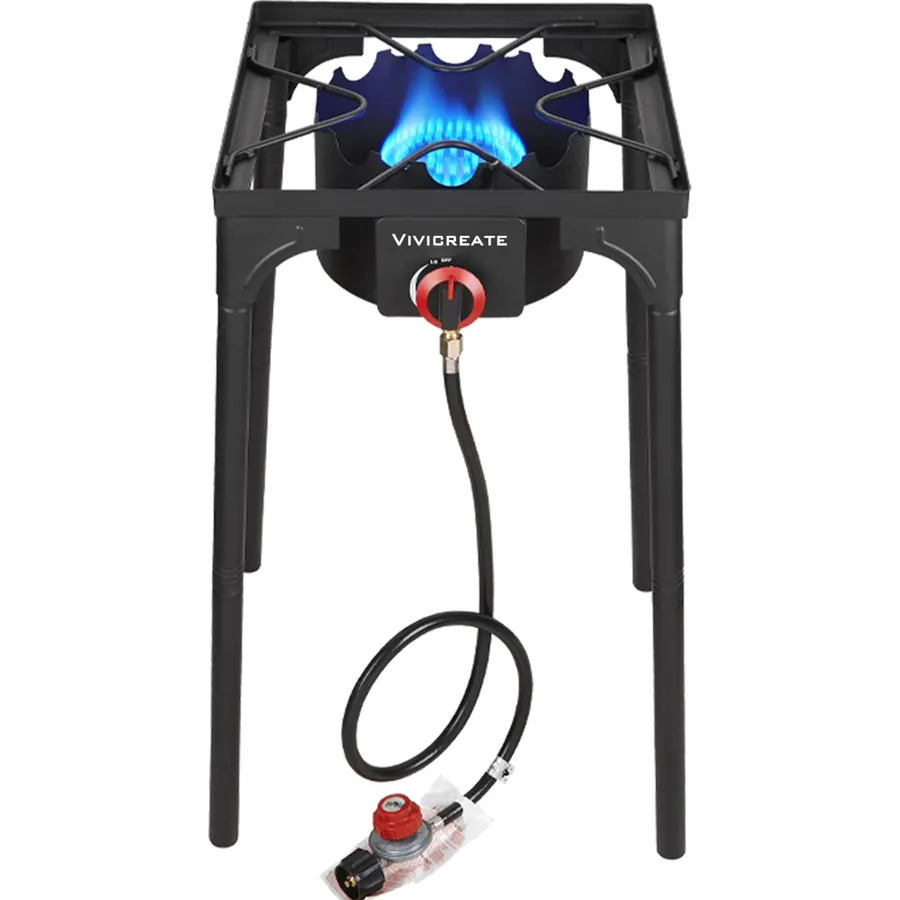 Vivicreate 30,000 BTU Propane Gas Stove, Outdoor Single Burner with Adjustable Two-Level Stand, 20 PSI Regulator and Hose, Heavy Duty Cooker for Patio, Camping and Seafood Boils
