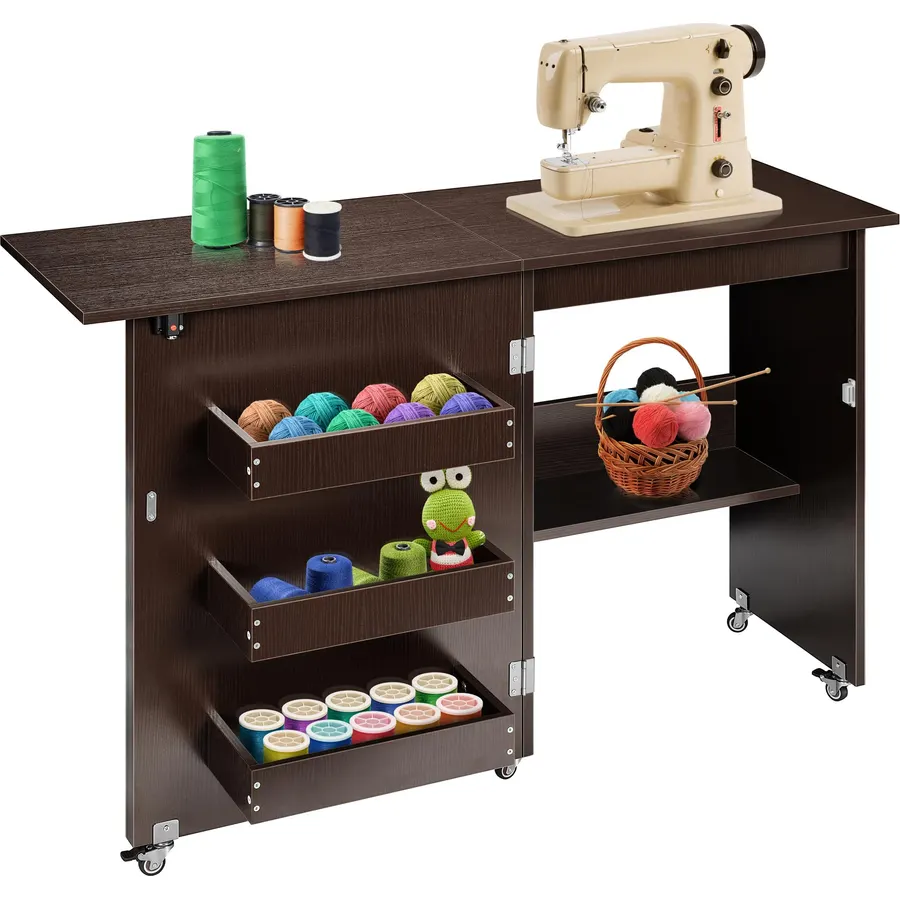 VEVOR Folding Sewing Table, Multipurpose Sewing Machine Table with Compact Design, Wheels, Shelves, Storage Trays, Wooden Pegs, and Magnetic Doors, Sewing Desk Cabinet for Sewing Machine, Wood Color