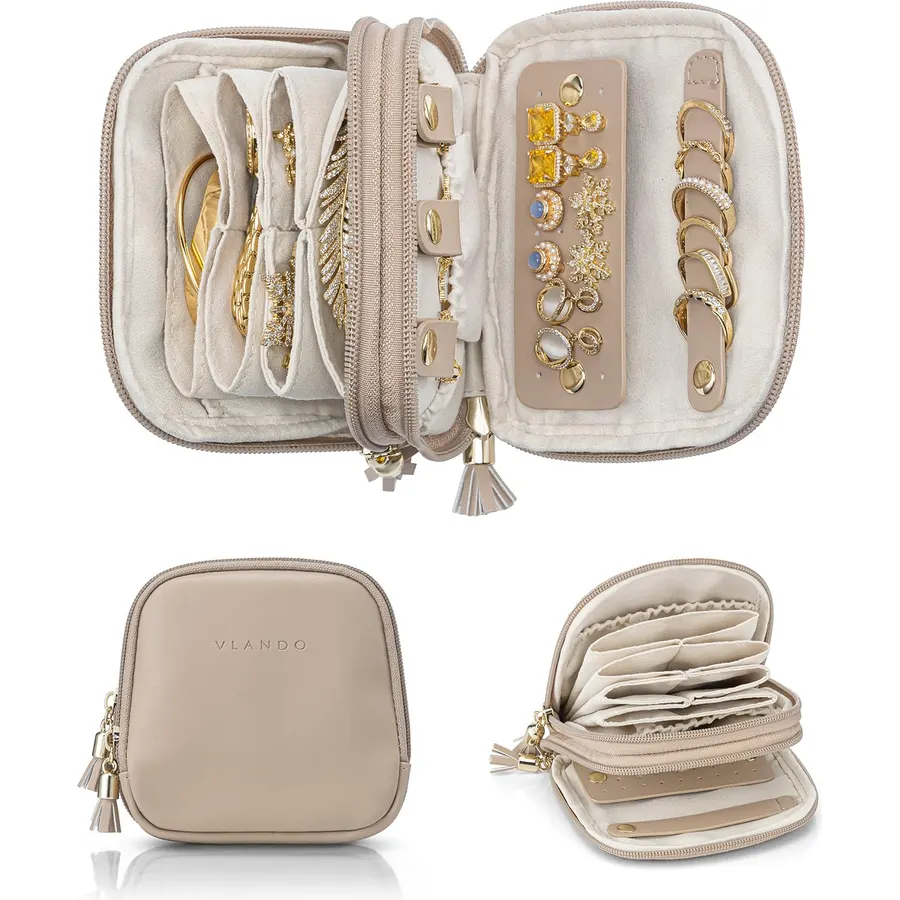 2-Layer Travel Jewelry Case, Small Jewelry Pouch & Organizer for Women, Multi-Compartment Mini Jewelry Box for Rings, Earrings and Necklaces on Vacations (Black)