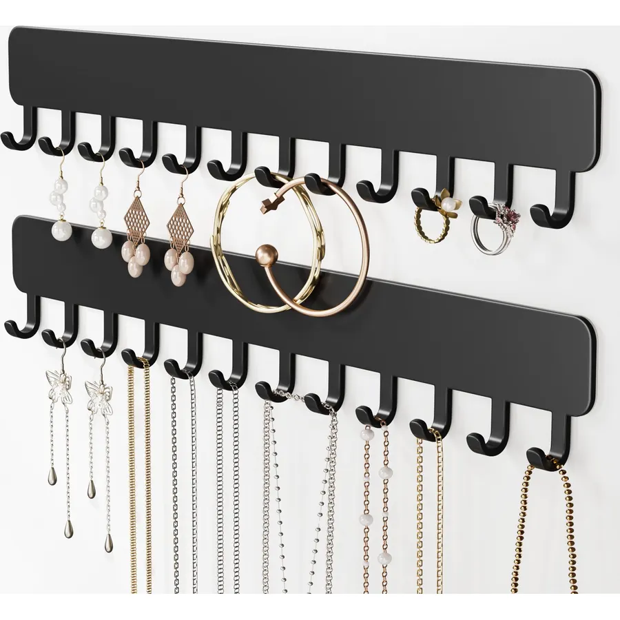 Wall-Mounted Jewelry Organizer, Self-Adhesive Hanging Holder with Hooks for Necklaces, Bracelets, Earrings - Display Storage for Women, 2PCS, Black