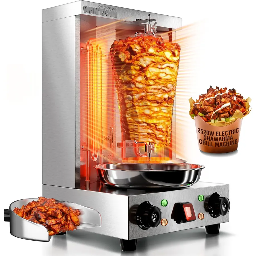 WantJoin Shawarma Grill Machine - 22 LBS Electric Vertical Rotisserie w/ 2 Burners and Shovel for Doner Kebab, Chicken, Beef | Stainless Steel | 122°F to 572°F Temp | for Home & Commercial Use, 2520W