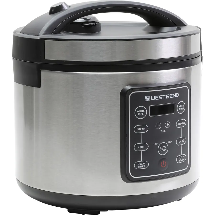 West Bend Rice & Grain Multi Cooker Programmable with 9 Preset Functions, Features Delay Start and Keep Warm Functions and Steam Basket, 20 Cups Cooked (10 cups uncooked), Stainless Steel