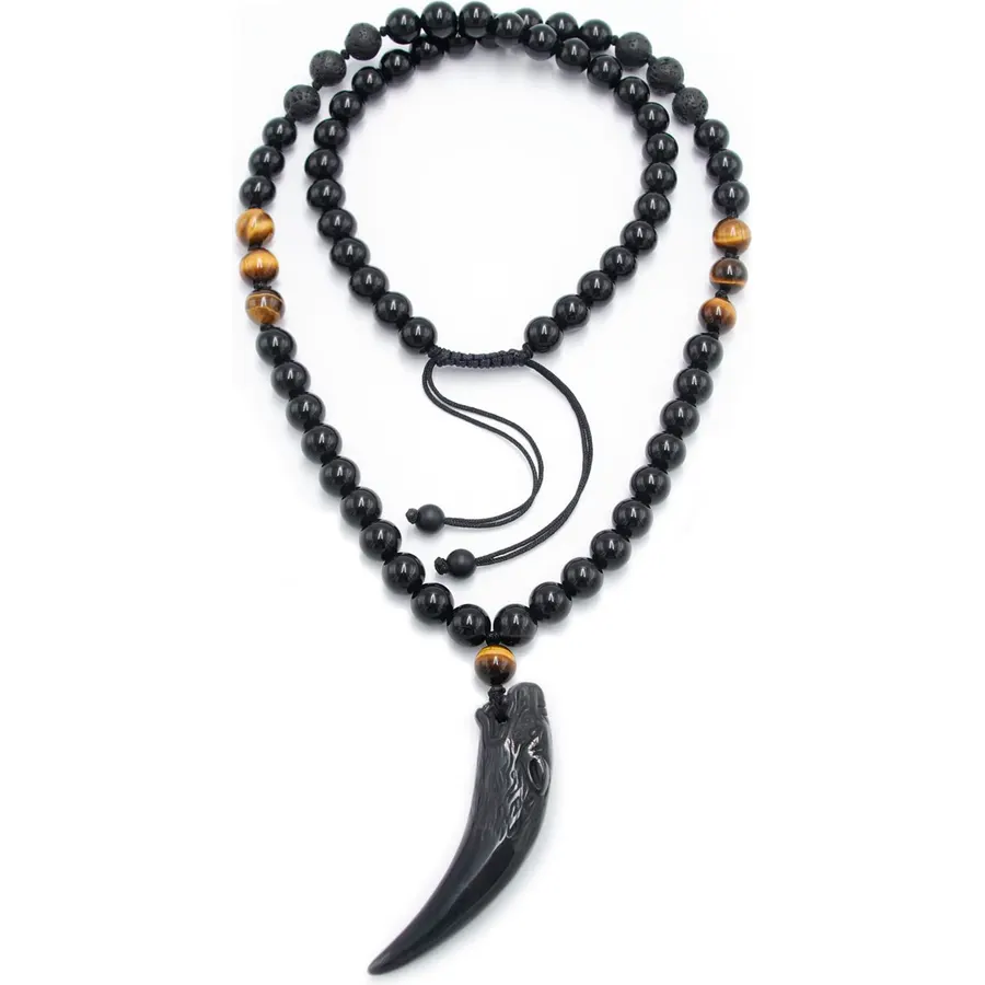 Wolf Tooth Necklace Black Obsidian Stone Beads and Tiger Eye Necklace and Tiger Eye Natural Stone Crystal Healing Prayer Necklace for Men Women