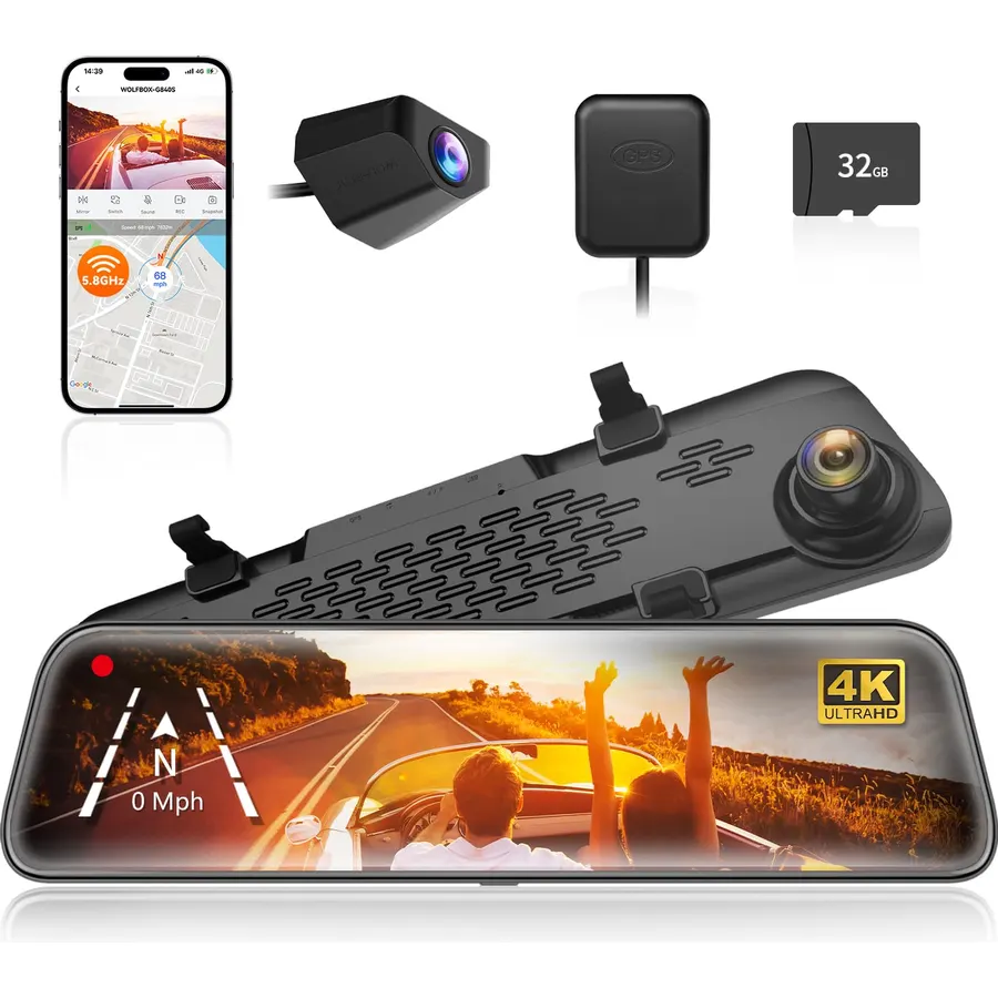 WOLFBOX G840S 12" 4K Mirror Dash Cam Backup Camera with 32GB Card and GPS