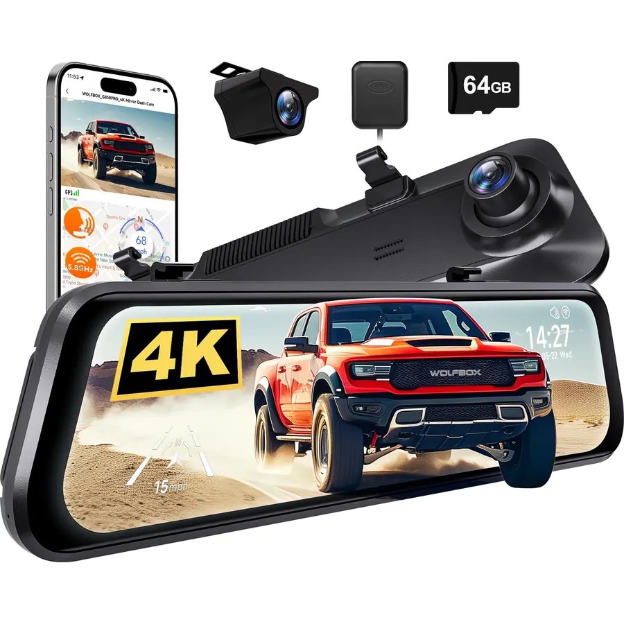 WOLFBOX G850 PRO 4K Mirror Dash Cam with ADAS and BSD,64GB Card,5.8GHz WiFi