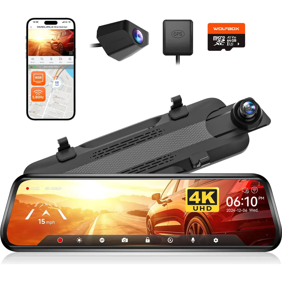WOLFBOX G930 10'' 4K Rear View Mirror Camera with 64GB Card,5.8GHz WiFi