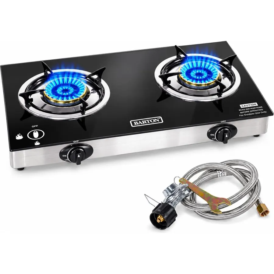 XtremepowerUS 2 Burner Propane Gas Stove, 25,516 BTU Portable Camping Cooktop with Auto Ignition, Tempered Glass Top, LPG Outdoor Cooking Stove Camping, Tailgating, RV, Emergency & Backyard Cooking