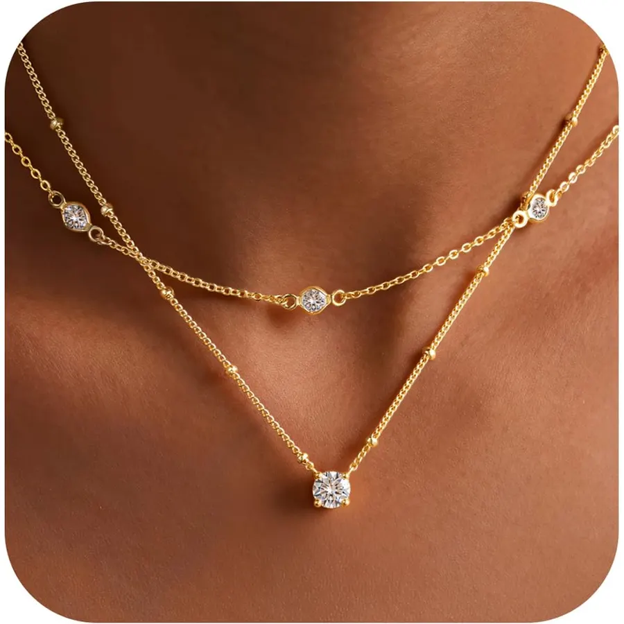 Yoosteel 14K-Gold-Plated Necklaces for Women,Dainty CZ Necklaces Stack