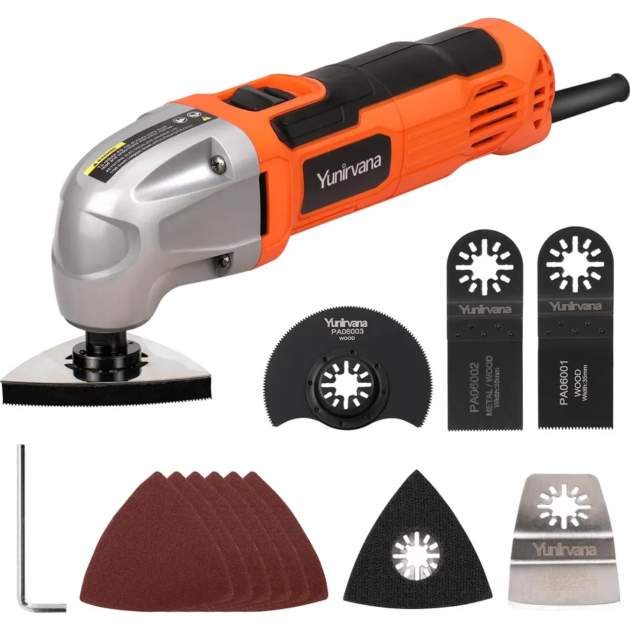 1.5A 22000 OPM Oscillating Multi-Tool, 3° Oscillation Angle, 3 Saw Blades, 1 Semi-Circle Blade Sanding Plate, 6 Sanding Papers for Cutting, Sanding, Grinding