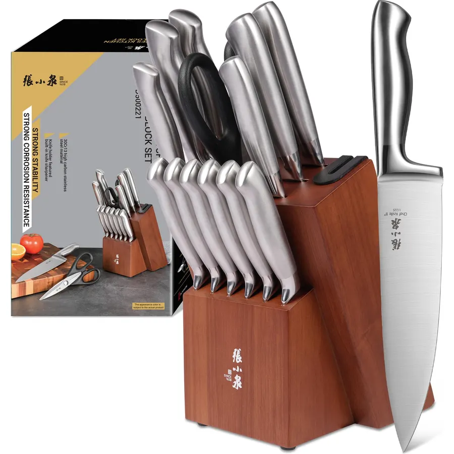 ZHANG XIAO QUAN Knife Set with Block, High Carbon Stainless Steel Sharp Blades, Built-in Sharpener Kitchen Knife Block Set for Home Cooking